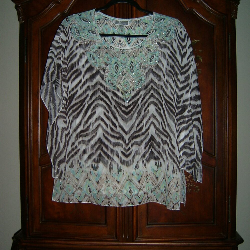 JM Collection Sunset Breeze Sequin Layered Blouse, Size PL